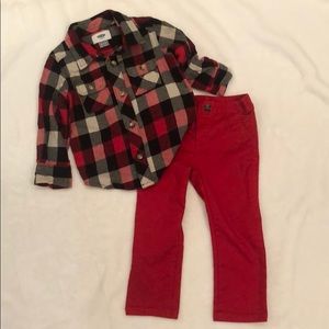 Toddler boy red pants and plaid flannel set